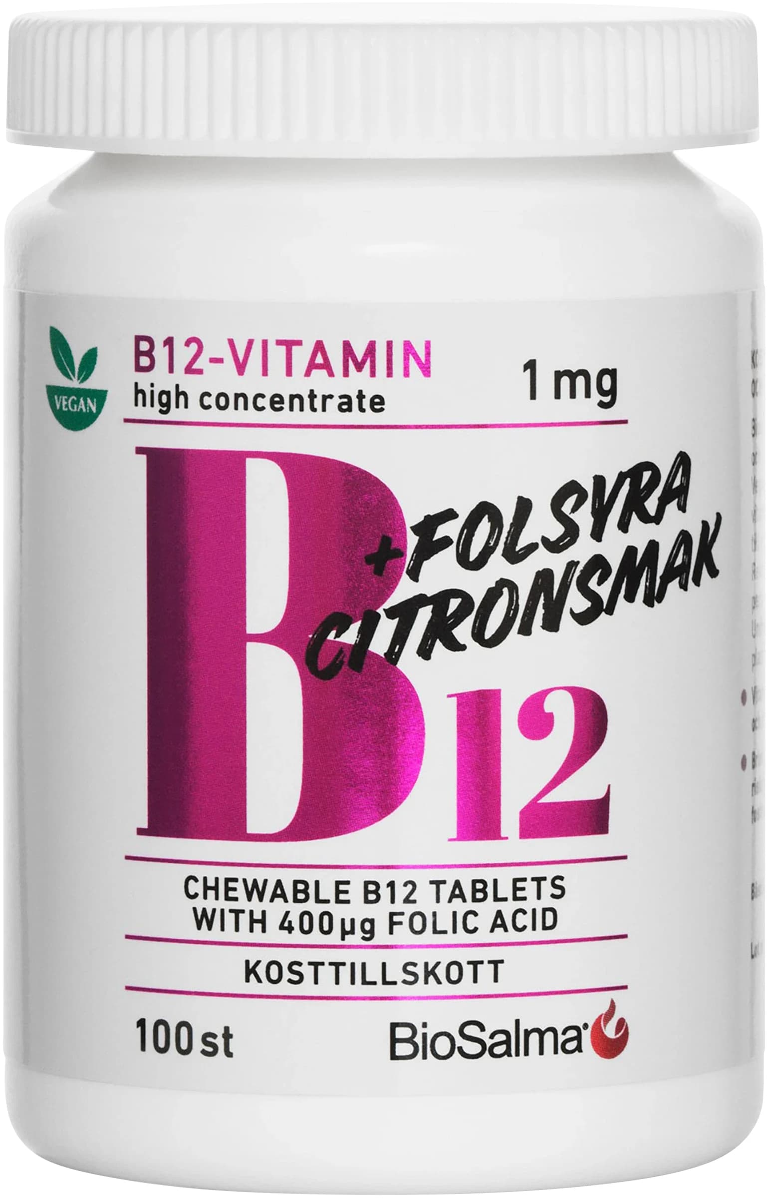 BioSalma B12-vitamin 1 mg + Folsyra 100 st tuggtabletter från BioSalma – köp hos Apotek Hjärtat