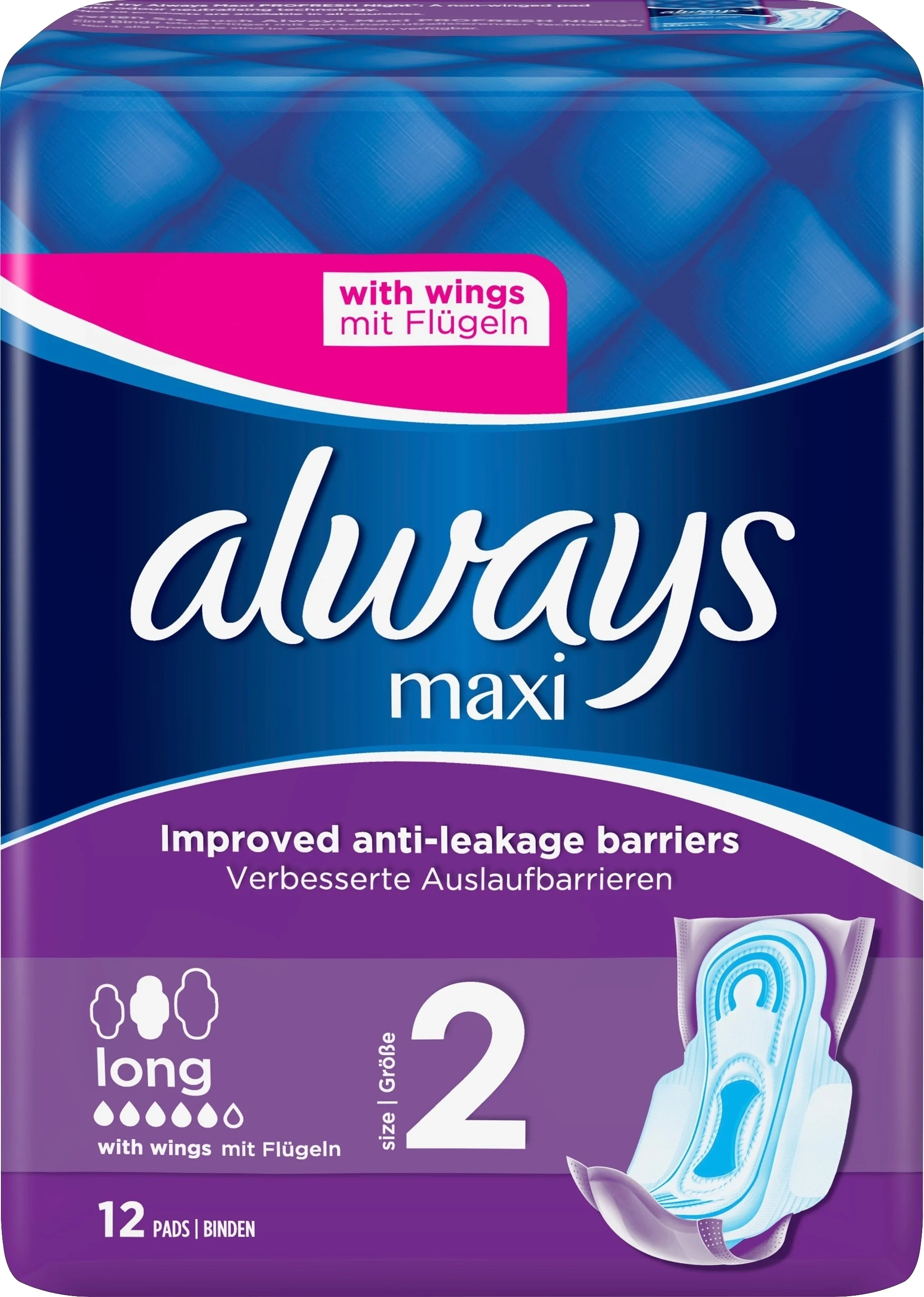 Always Maxi Long Bindor Stl 2 Med Vingar 12 st från Always – köp hos Apotek Hjärtat