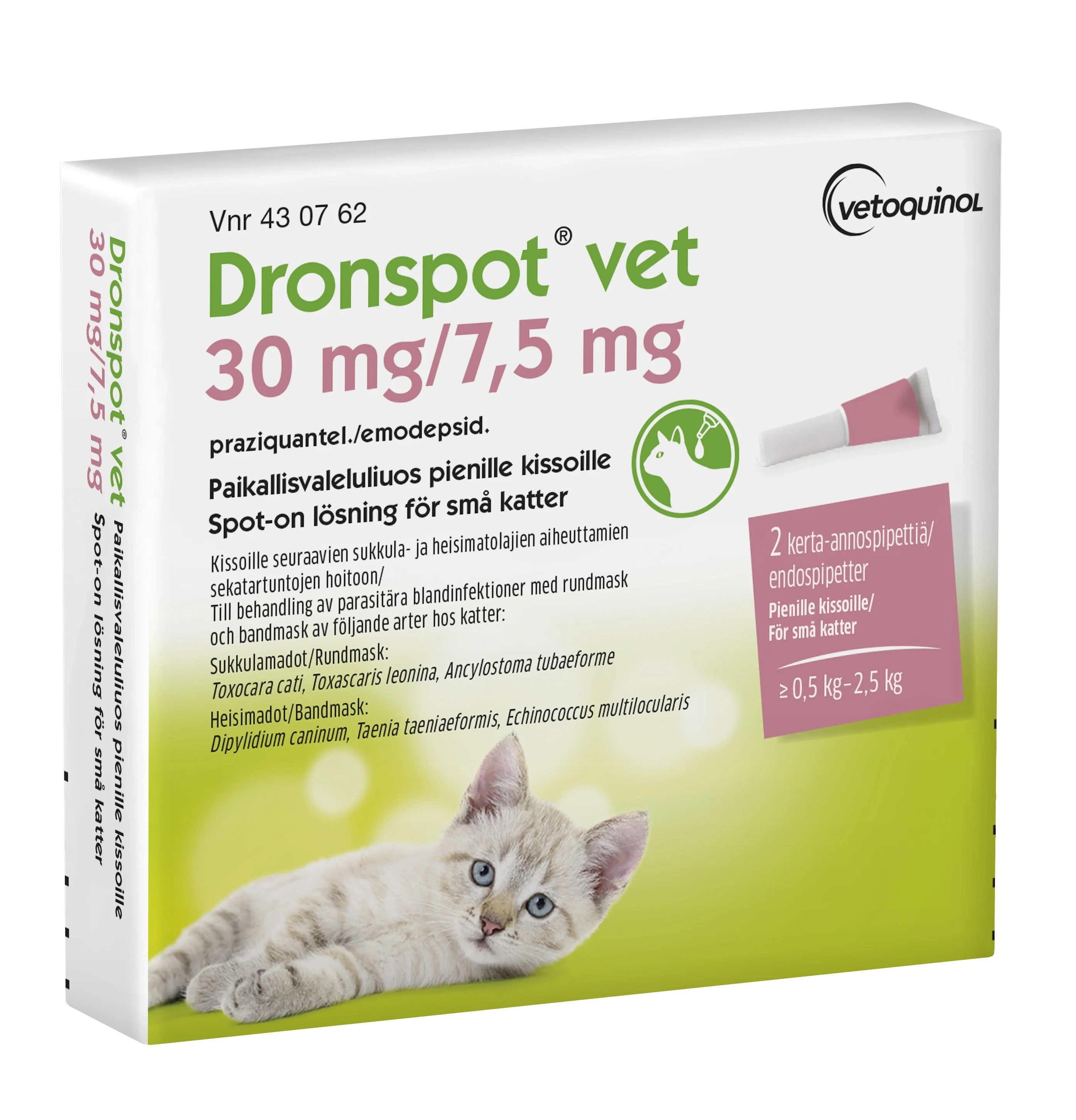 Dronspot vet Spot-on, lösning 30mg/7,5mg Pipett i blisterförpackning, 2st (2x0,35ml) från Dronspot – köp hos Apotek Hjärtat