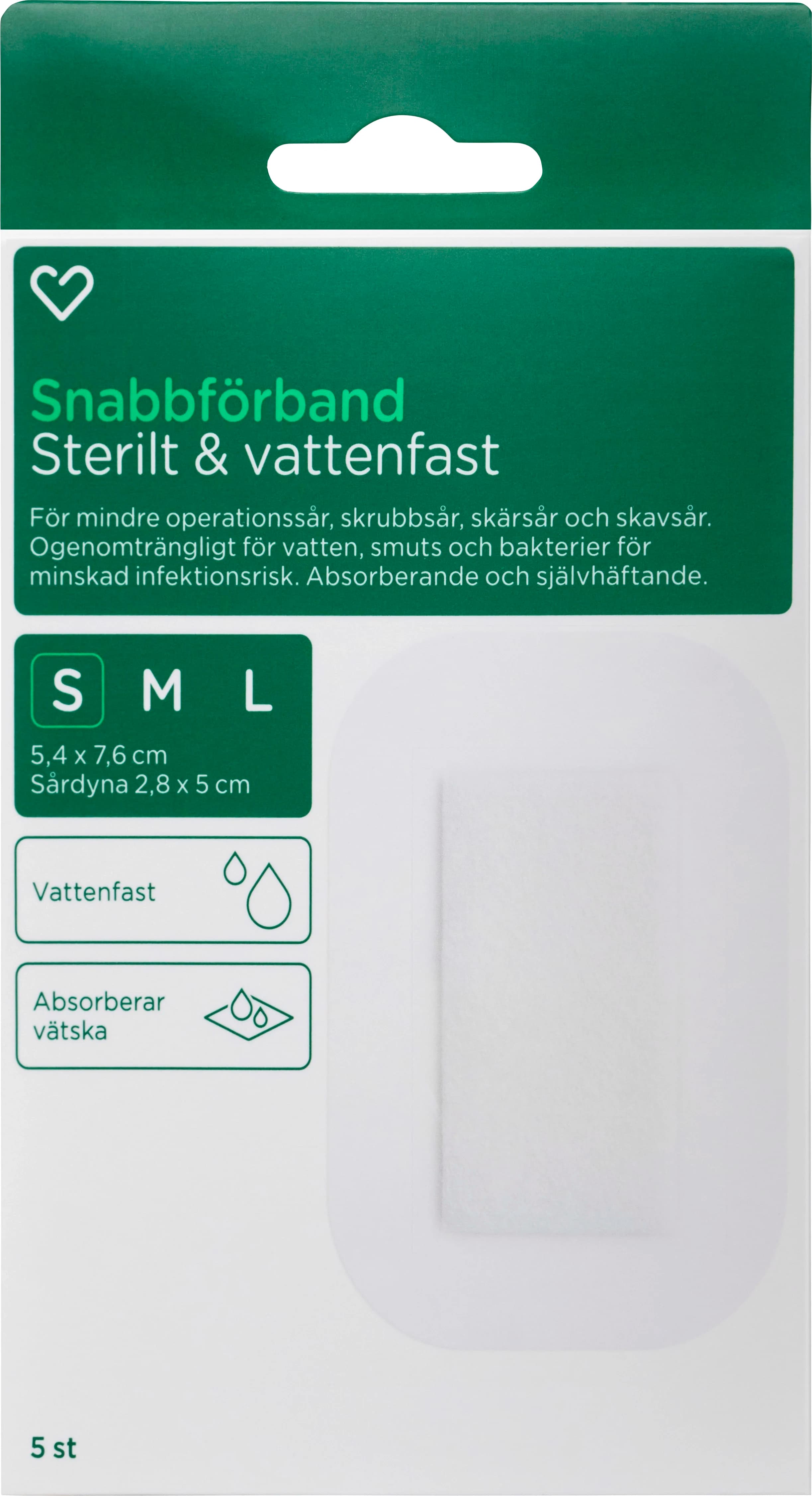 Hjärtats Snabbförband Sterilt Vattenfast 5,4cm x 7,6cm 5st från Hjärtats – köp hos Apotek Hjärtat
