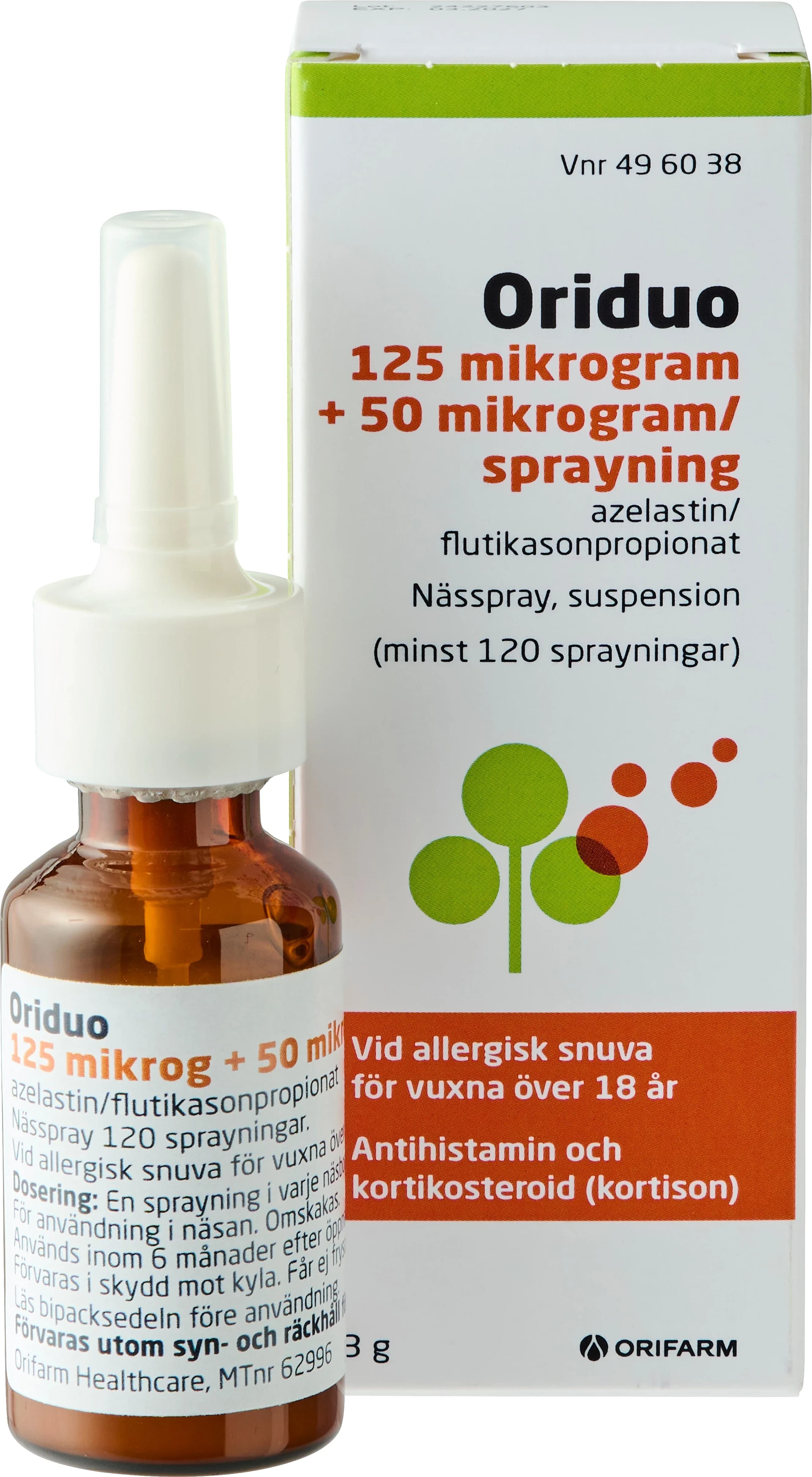 Oriduo nässpray, 125mikrogram+50mikrogram/sprayning, 120sprayningar från Orifarm – köp hos Apotek Hjärtat