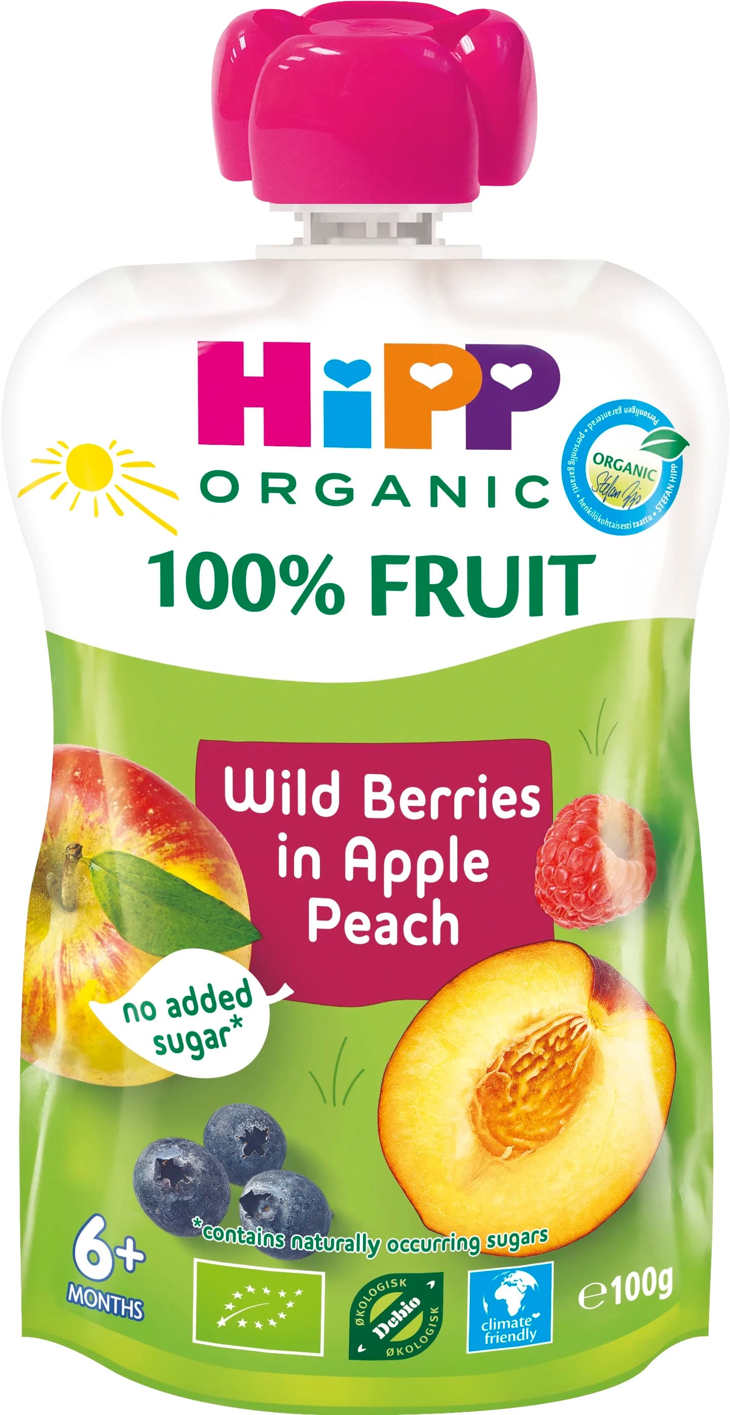 HiPP Klämmis äpple, persika, blåbär & hallon (wild berries) 6 mån 100 g från HiPP – köp hos Apotek Hjärtat