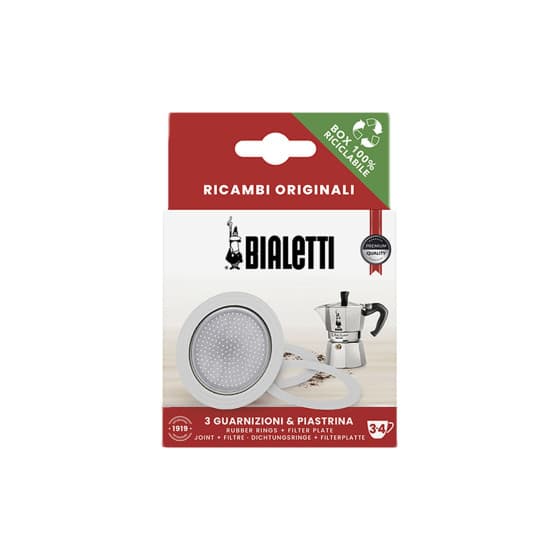 Packningar och filterplatta för Bialetti alum. 3/4-kopps mokabryggare från Bialetti – köp hos Coffee Friend