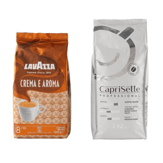 Kaffeebohnen Set Lavazza Crema e Aroma + Caprisette Professional, 2 kg – 525 kr – hos Coffee Friend