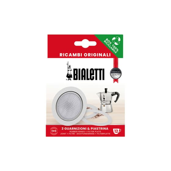 Packningar och filterplatta för Bialetti alum. 12-kopps mokabryggare från Bialetti – köp hos Coffee Friend