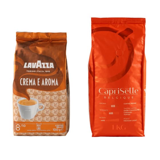 Kaffeebohnen Set Lavazza Crema e Aroma + Caprisette Belgique, 2 kg – 518 kr – hos Coffee Friend