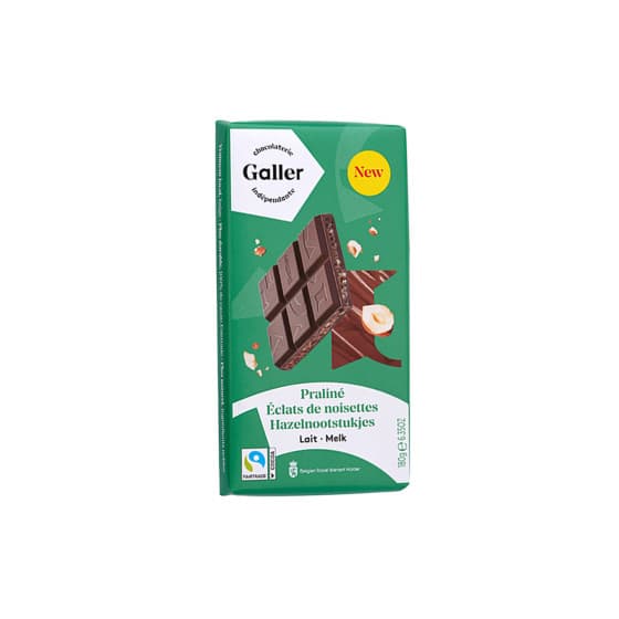 Mjölkchokladkaka fylld med pralin och krossade hasselnötter Galler Lait Praline Eclats de Noisettes, 180 g – från Galler – 55 kr – hos Coffee Friend