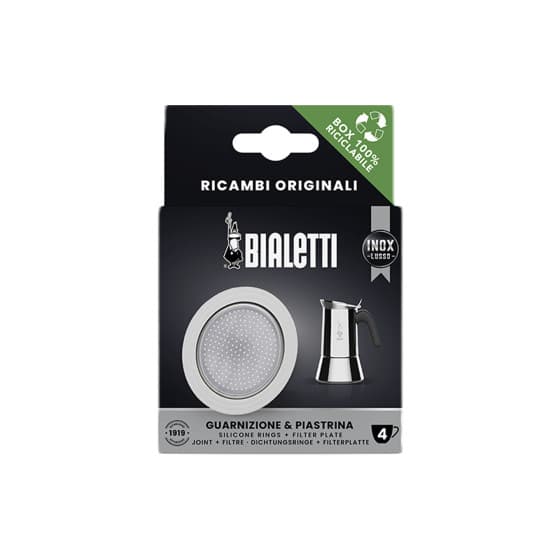 Packning och filterplatta för Bialetti 4-kopps mokakannor i rostfritt stål från Bialetti – köp hos Coffee Friend