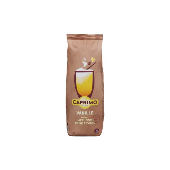 Vaniljsmakande cappuccinodryckspulver med kakaobas Caprimo Cappuccino Vanilla Less Sugar, 1 kg från Caprimo – köp hos Coffee Friend