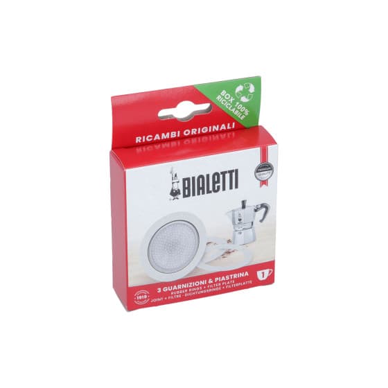 Packningar och filterplatta för Bialetti alum. 1-kopps mokakannor från Bialetti – köp hos Coffee Friend