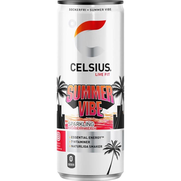 Celsius Summer Vibe Raspberry Peach Energidryck 35,5cl – från Celsius – 24 kr – hos Delitea