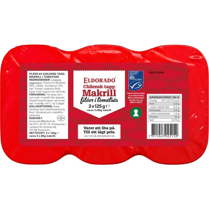 Eldorado Makrillfiléer i Tomatsås 3x125g från Eldorado – köp hos Delitea