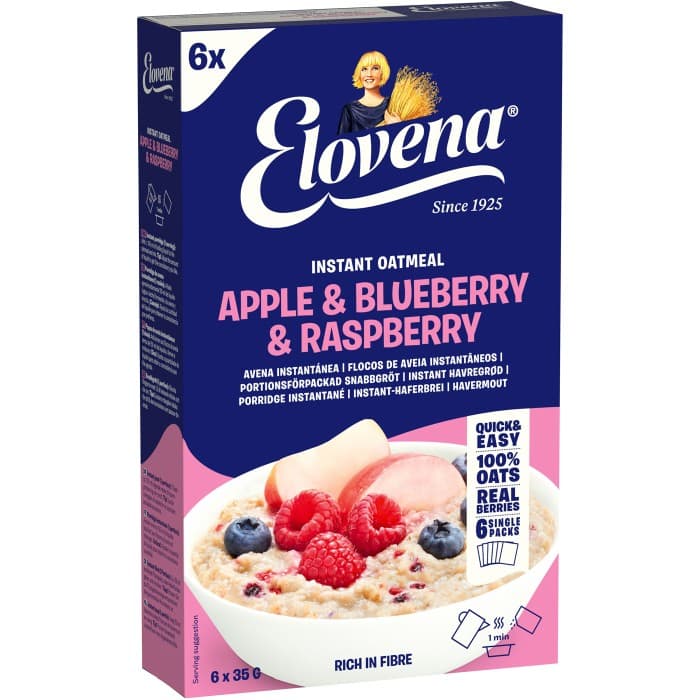 Elovena Havregrynsgröt Äpple Blåbär Hallon 6x35g – från Elovena – 33 kr – hos Delitea