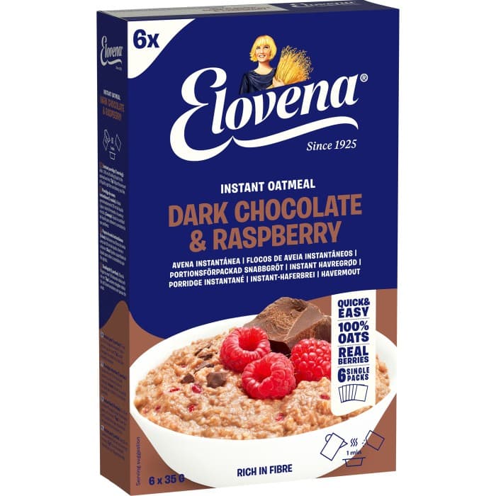 Elovena Havregrynsgröt Mörk Choklad Hallon 6x35g – från Elovena – 33 kr – hos Delitea