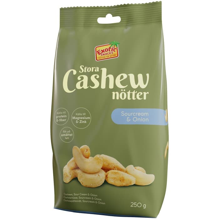 Exotic Snacks Stora Cashewnötter Sourcream & Onion 250g från Exotic Snacks – köp hos Delitea