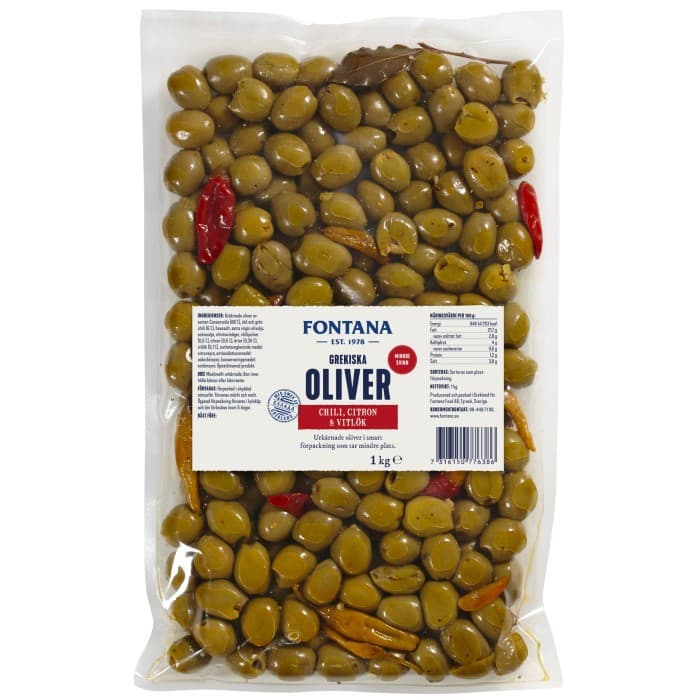 Fontana Grekiska Oliver Chili, Citron & Vitlök 1kg – från Fontana – 159 kr – hos Delitea