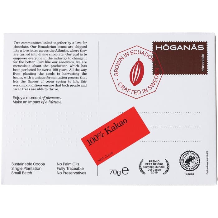 Höganäs Chocolate Mörk Choklad 100% 70g från Höganäs Chocolate – köp hos Delitea