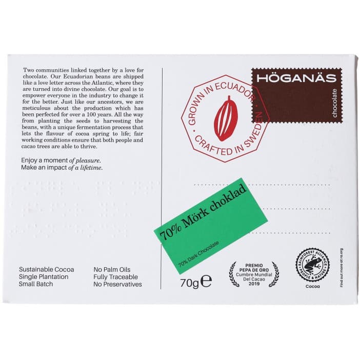 Höganäs Chocolate Mörk Choklad 70% 70g från Höganäs Chocolate – köp hos Delitea
