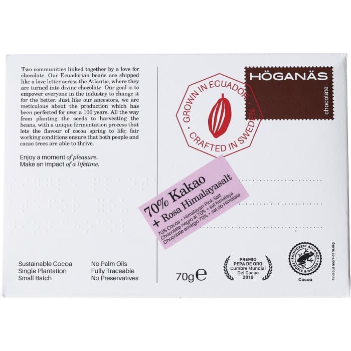 Höganäs Chocolate Mörk Choklad 70% & Rosa Himalayasalt 70g från Höganäs Chocolate – köp hos Delitea