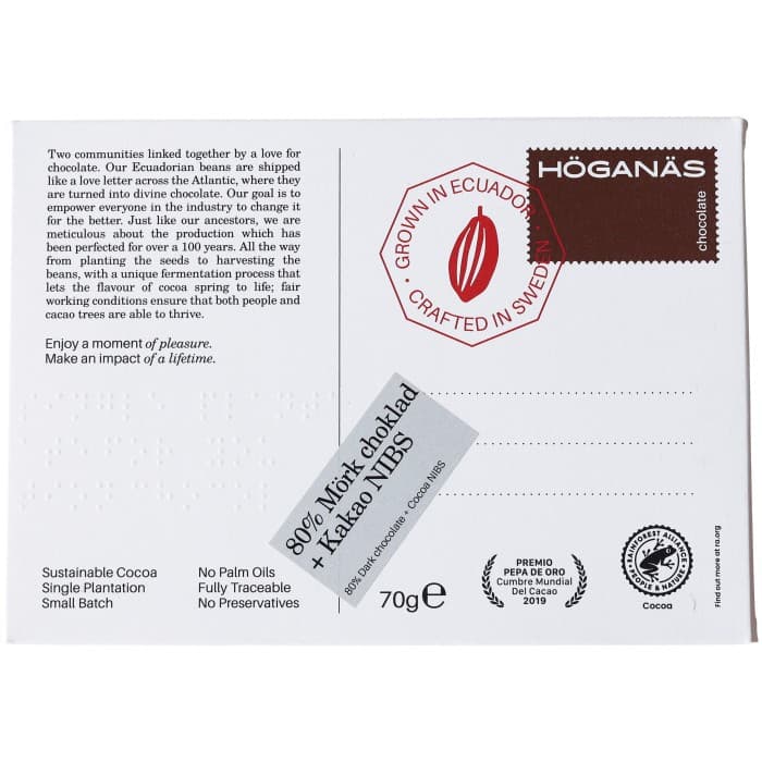 Höganäs Chocolate Mörk Choklad 80% & Kakaonibs 70g från Höganäs Chocolate – köp hos Delitea