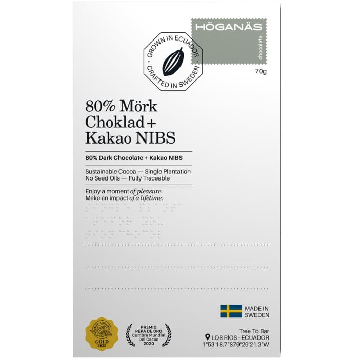 Höganäs Chocolate Mörk Choklad 80% & Kakaonibs 70g från Höganäs Chocolate - köp hos Delitea