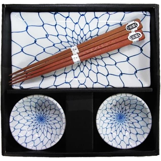 Kanewaka Sushi Plate Set Mönster Blått Nät
