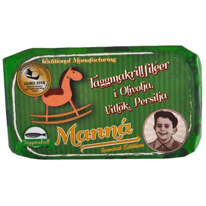 Manná Taggmakrillfiléer i Olivolja, Vitlök & Persilja 120g från Manná – köp hos Delitea
