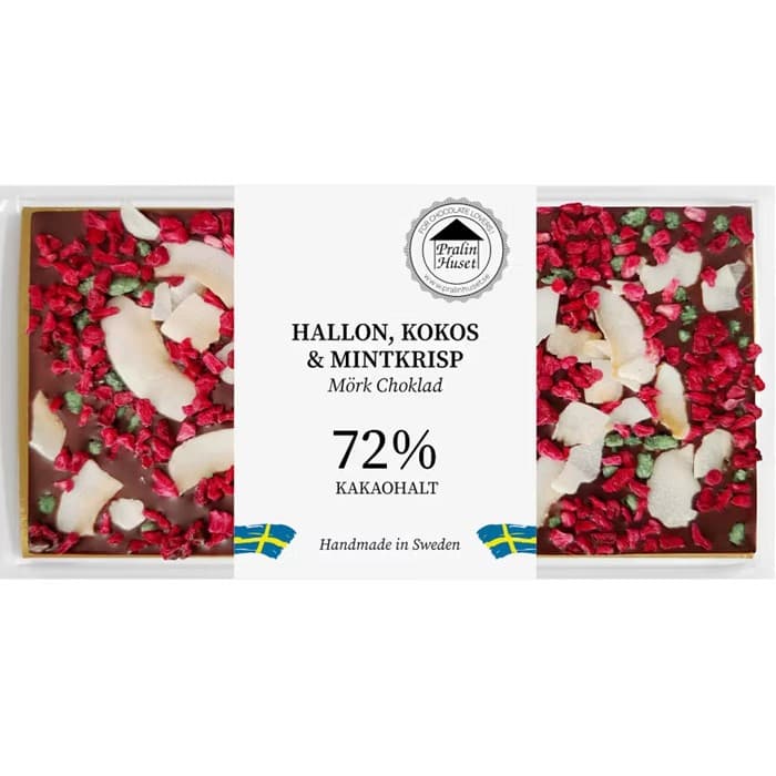 Pralinhuset 72% Choklad Hallon, Mint & Kokos 100g – från Pralinhuset – 94 kr – hos Delitea
