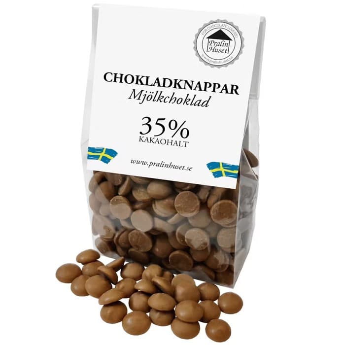 Pralinhuset Chokladknappar 35% Mjölkchoklad 100g – från Pralinhuset – 56 kr – hos Delitea