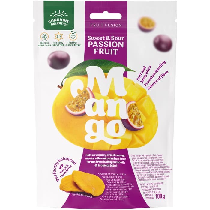 Sunshine Delights Torkad Mango Passionsfrukt 100g – från Sunshine Delights – 30 kr – hos Delitea