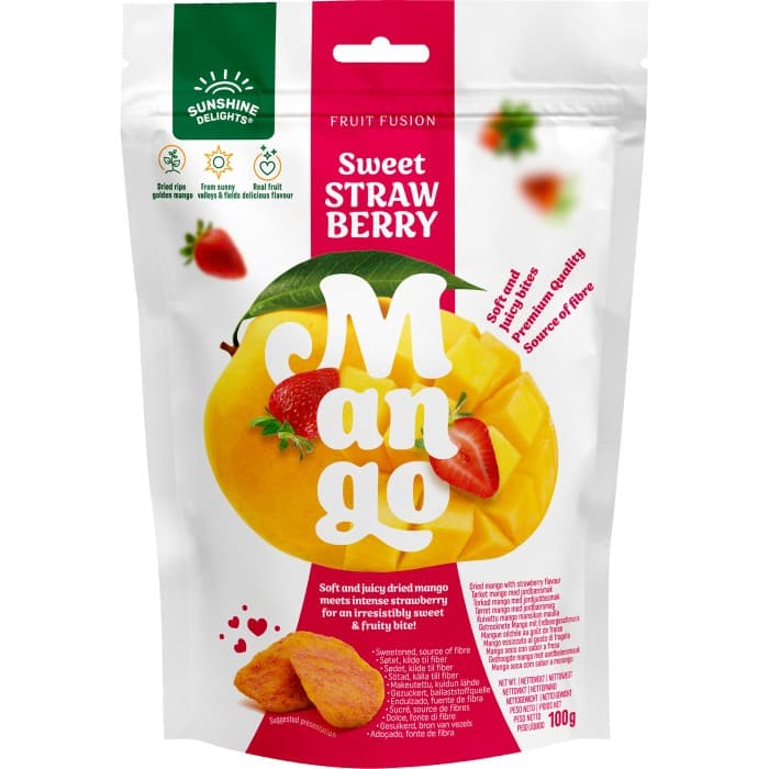 Sunshine Delights Torkad Mango Strawberry 100g – från Sunshine Delights – 30 kr – hos Delitea