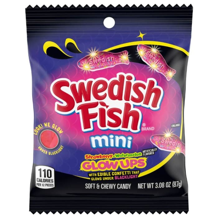 Swedish Fish Mini Glow Ups 87g – 30 kr – hos Delitea