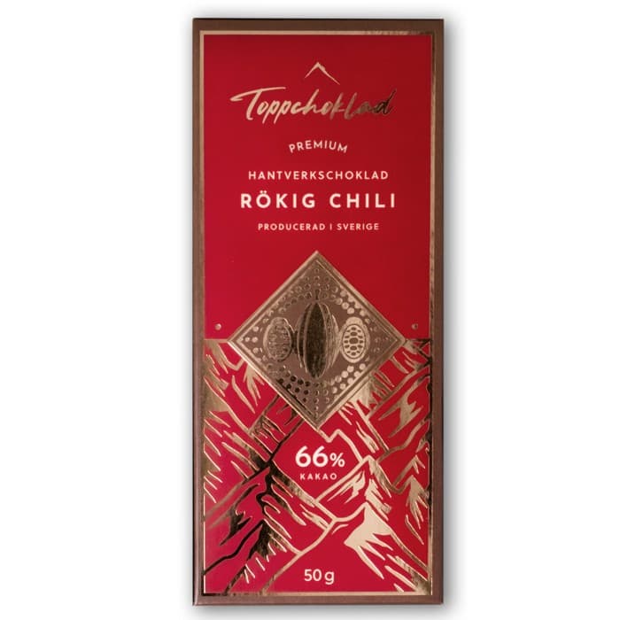 Toppchoklad Chokladkaka 66% Rökig Chili 50g – från Toppchoklad – 79 kr – hos Delitea