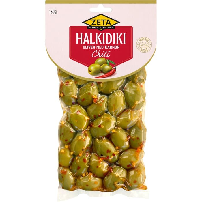 Zeta Chili Halkidiki Oliver med Kärnor 150g från Zeta – köp hos Delitea