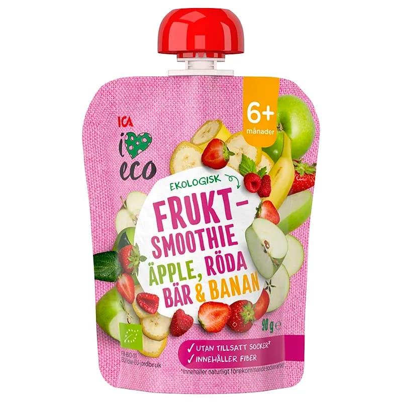 ICA I Love Eco Fruktsmoothie Äpple Banan Hallon Jordgubb 90 g från ICA I Love Eco – köp hos Apotek Hjärtat