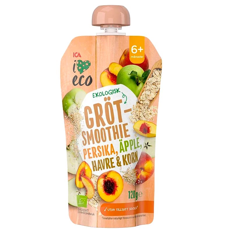 ICA I Love Eco Fruktgröt Persika Äpple HAVRE & Korn 120 g från ICA I Love Eco – köp hos Apotek Hjärtat