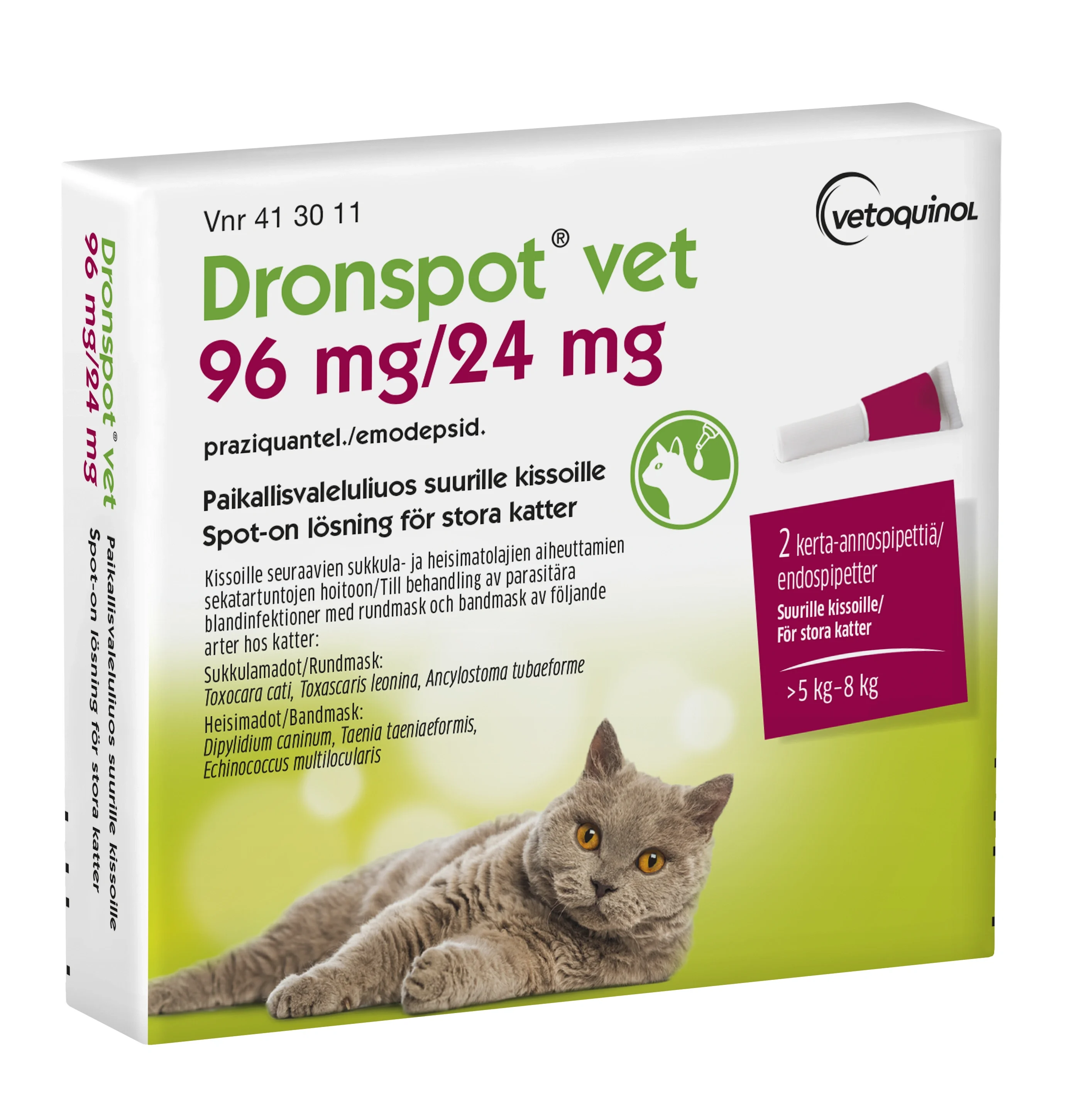 Dronspot vet Spot-on, lösning 96mg/24mg Pipett i blisterförpackning, 2st (2x1,12ml) från Dronspot – köp hos Apotek Hjärtat
