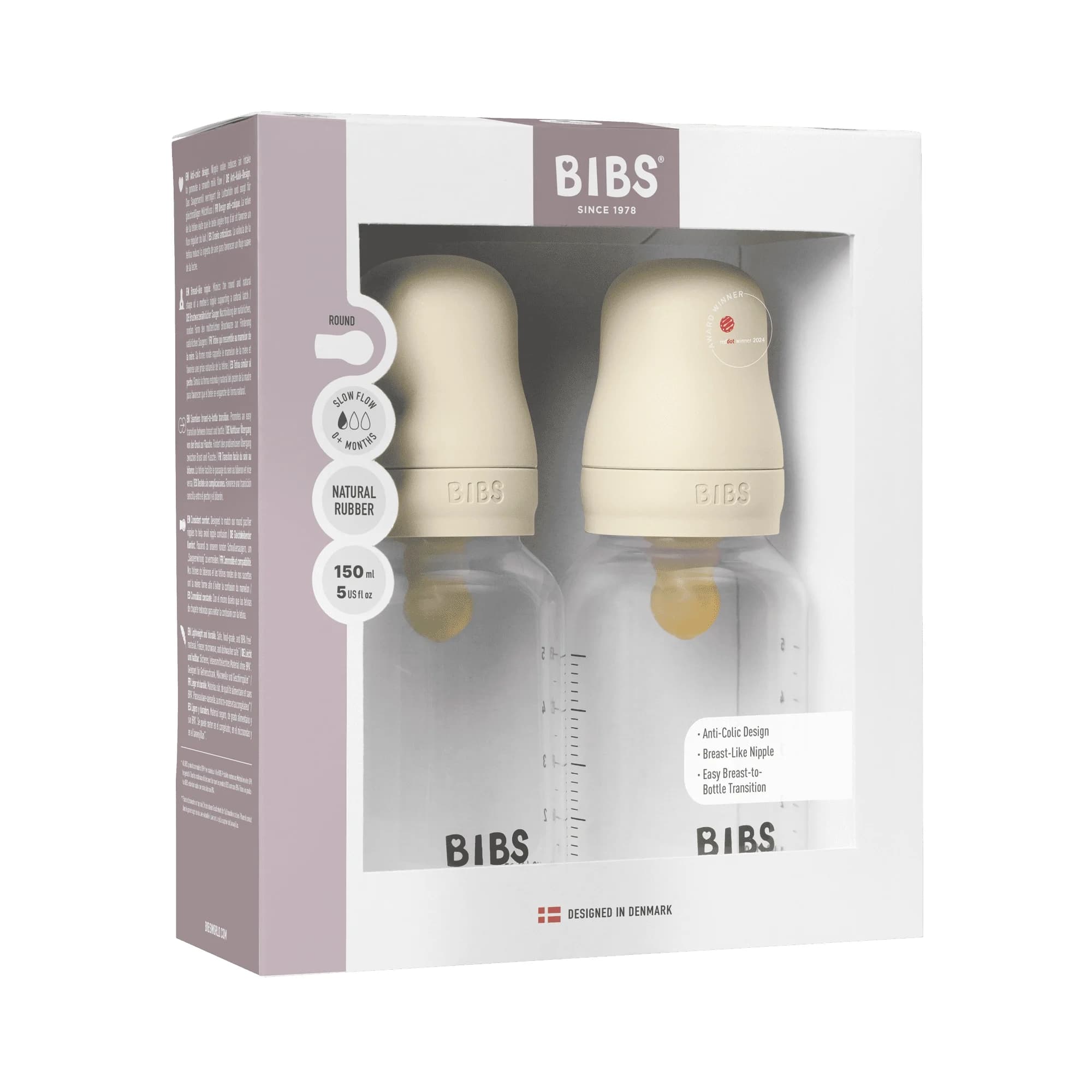 BIBS Baby Bottle Round Latex Slow Flow Ivory 150 ml 2-pack från BIBS – köp hos Apotek Hjärtat