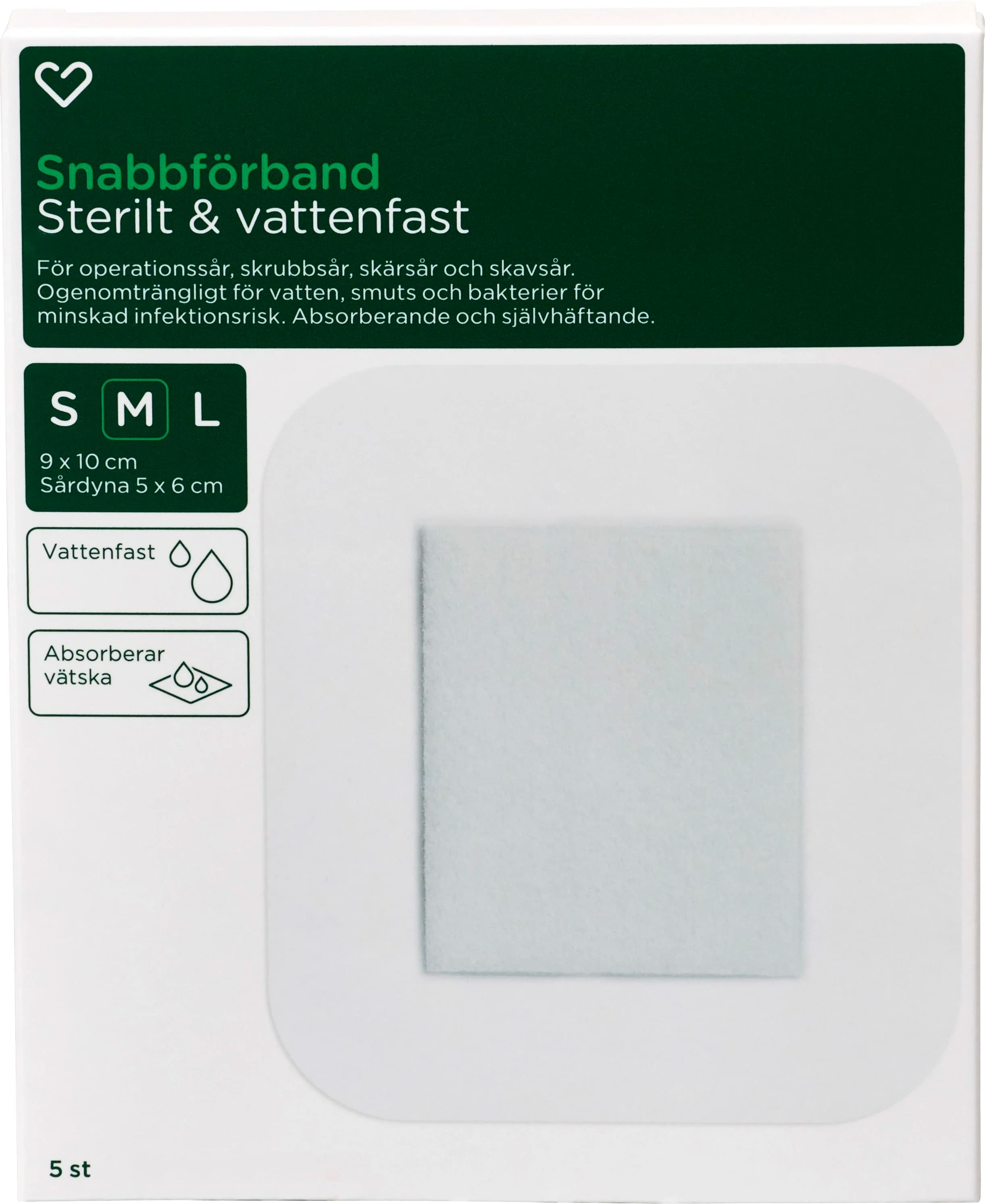 Hjärtats Snabbförband Sterilt Vattenfast 9cm x 10cm 5st från Hjärtats – köp hos Apotek Hjärtat
