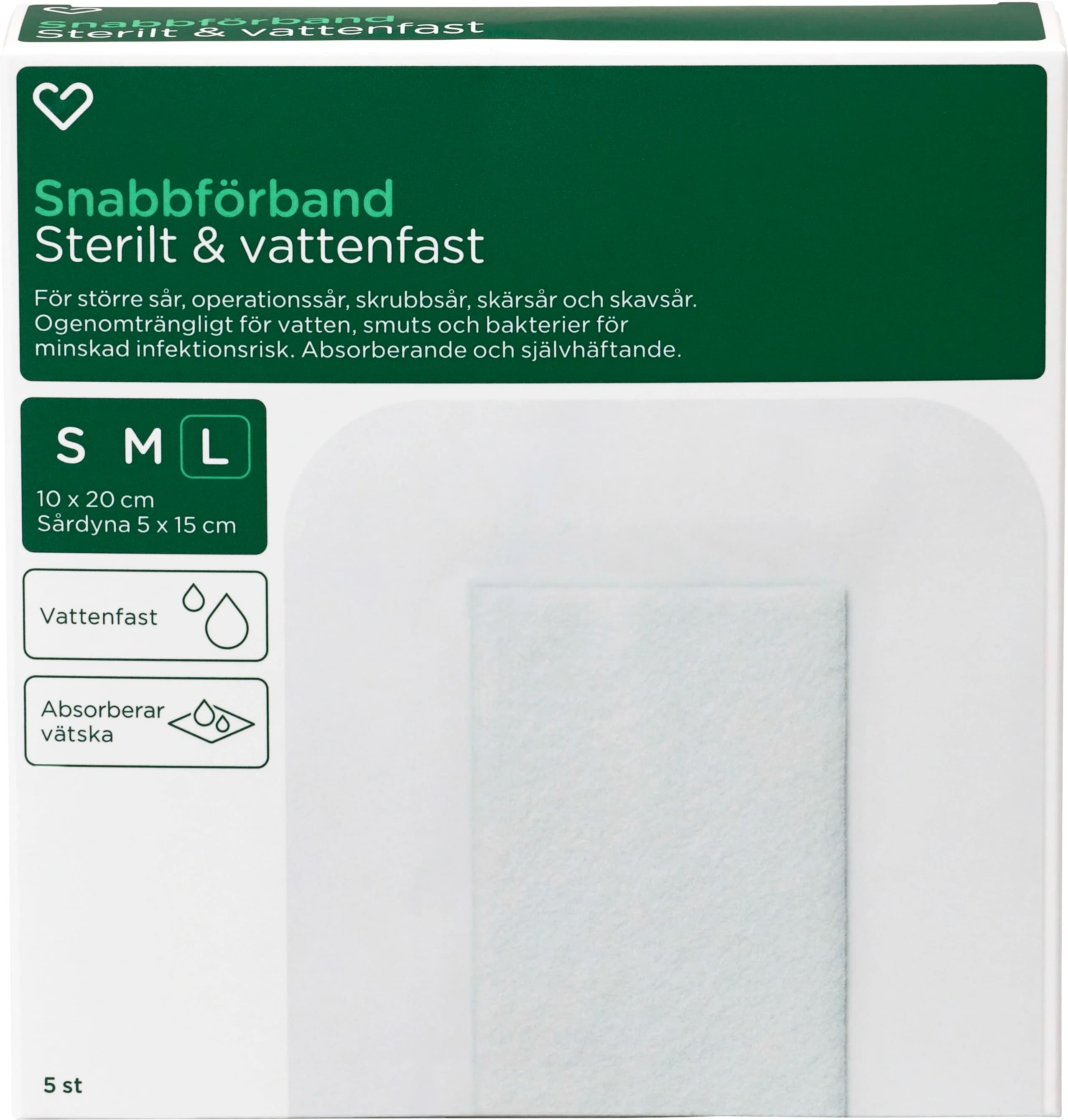 Hjärtats Snabbförband Sterilt Vattenfast 10cm x 20cm 5st från Hjärtats – köp hos Apotek Hjärtat