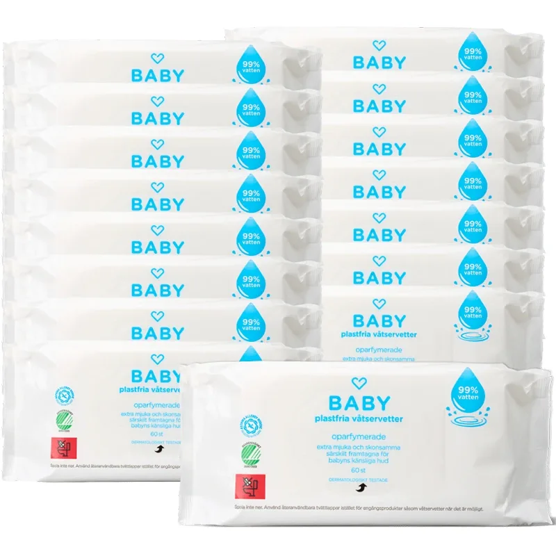 Hjärtats Baby Plastfria Våtservetter 99% vatten Oparfymerade Storpack 16x60 st från Hjärtats – köp hos Apotek Hjärtat