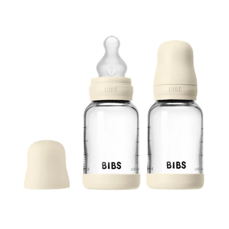 BIBS Glass Baby Bottle Round Silicone Slow Flow 120 ml 2-pack Ivory från BIBS – köp hos Apotek Hjärtat