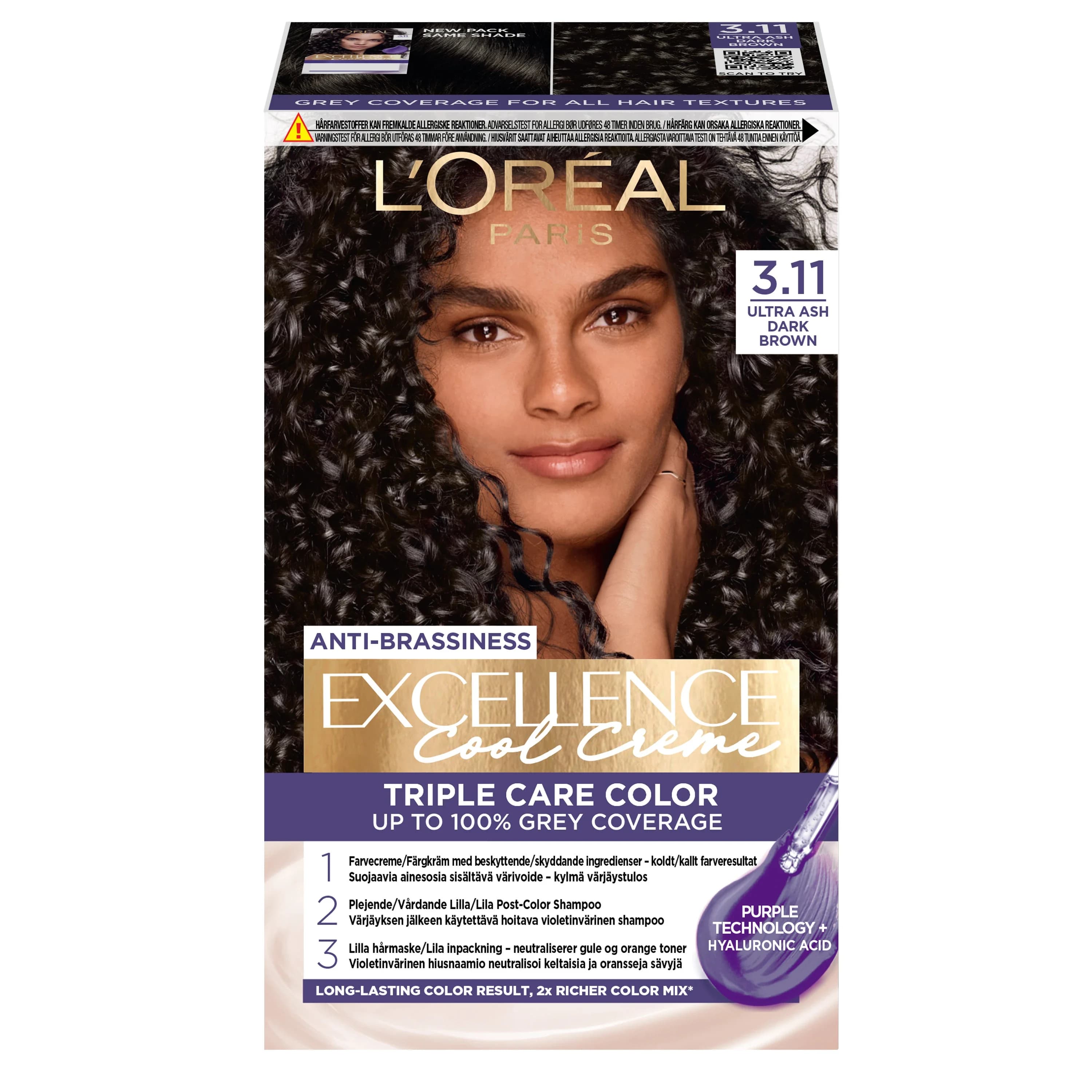 L'Oréal Paris Excellence Cool Creme Permanent Hårfärg 1-pack 3.11 Ultra Ash Brown från L'Oréal Paris - köp hos Apotek Hjärtat