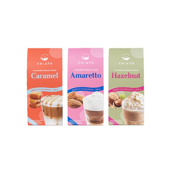 Malet kaffe uppsättning CHiATO Amaretto & Caramel & Hazelnut, 3 x 250 g – från Chiato – 225 kr – hos Coffee Friend