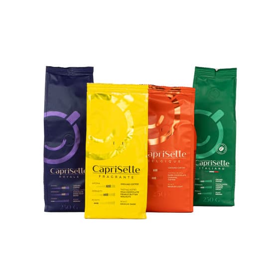 Malet kaffe uppsättning Caprisette, 4 x 250 g – från Caprisette – 300 kr – hos Coffee Friend