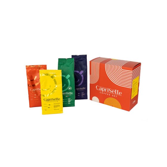 Malet kaffe uppsättning Caprisette, 4 x 250 g i presentförpackning – från Caprisette – 315 kr – hos Coffee Friend