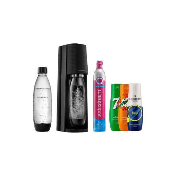 Kolsyrat vatten-beredare SodaStream Terra Black + 2 flaskor + sirap set (7Up x Mirinda x Energy) – från SodaStream – 1060 kr – hos Coffee Friend