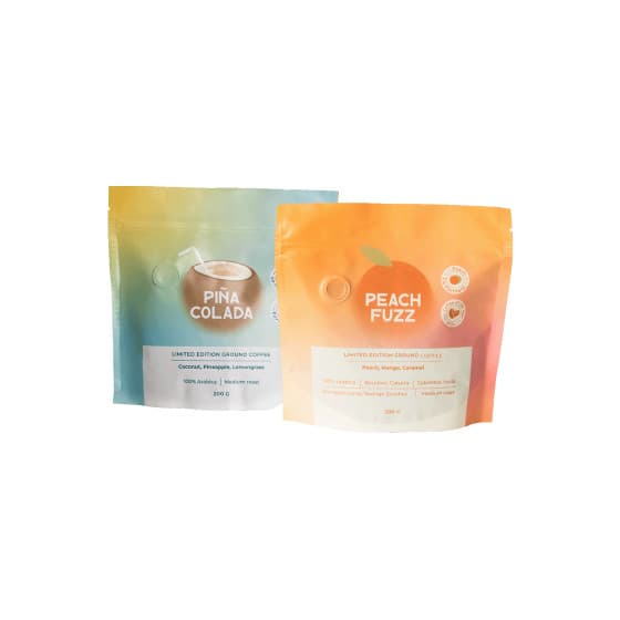 Limited edition duo med samjäst malet kaffe Peach Fuzz & Pina Colada, 2 x 200 g – från Coffee Friend – 252 kr – hos Coffee Friend