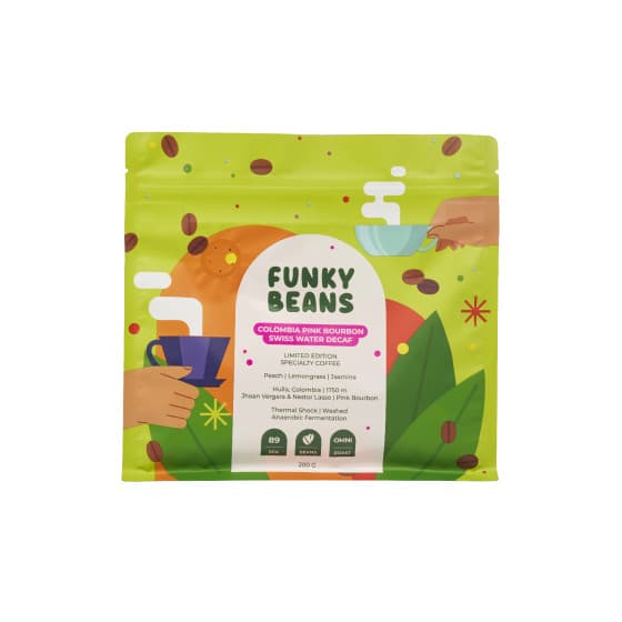 Koffeinfria specialkaffebönor Funky Beans Colombia Pink Bourbon SWD, 200 g – från Funky Beans – 192 kr – hos Coffee Friend