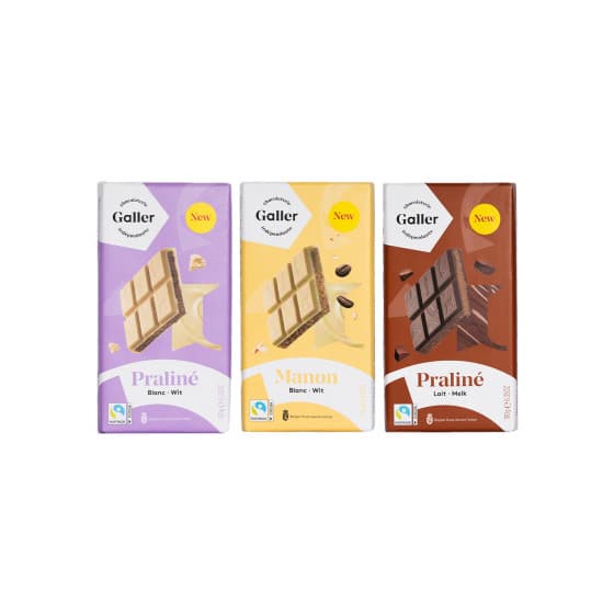 Uppsättning av chokladtabletter Galler Blanc Praline x Blanc Manon x Lait Praline, 3 x 180 g – från Galler – 98 kr – hos Coffee Friend